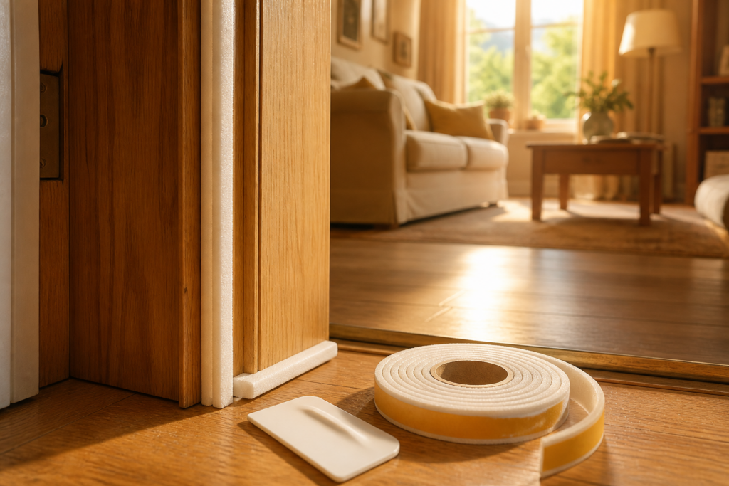 Door insulation tape beside a sunlit living room.