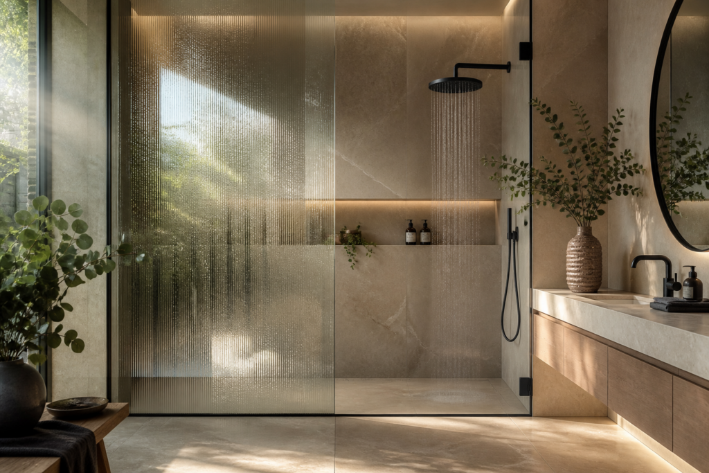 An elegant bathroom with a glass shower and natural light.