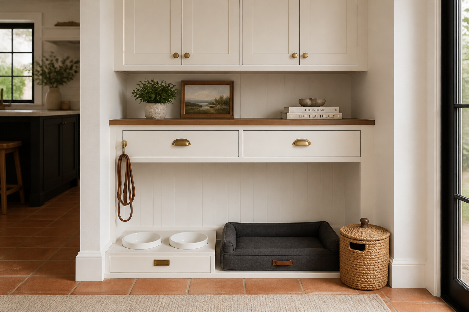 Elegant pet nook with bowls, bed, and decor items.