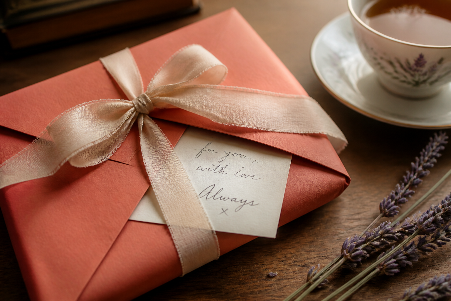 A gift with ribbon beside lavender and tea.
