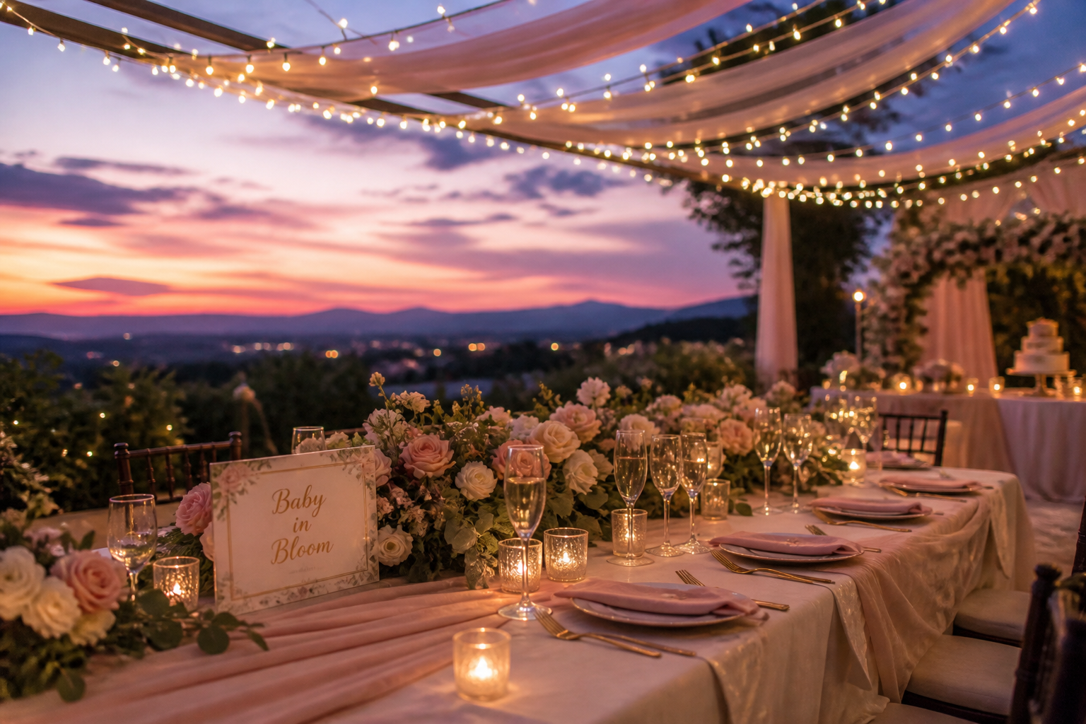 An elegantly set outdoor table for a sunset event.