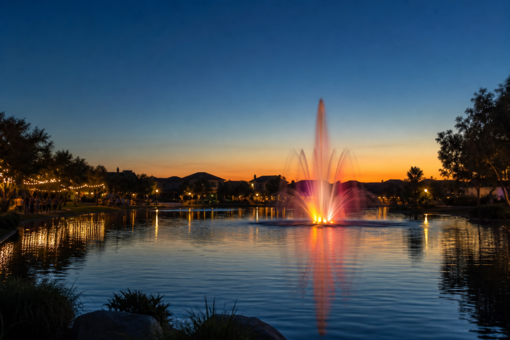 lighted water feature and fountain in a residential neighborhood
