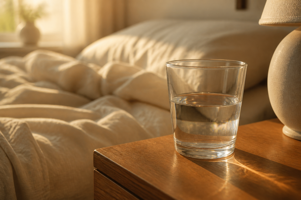A glass of water on bedside table in warm light.