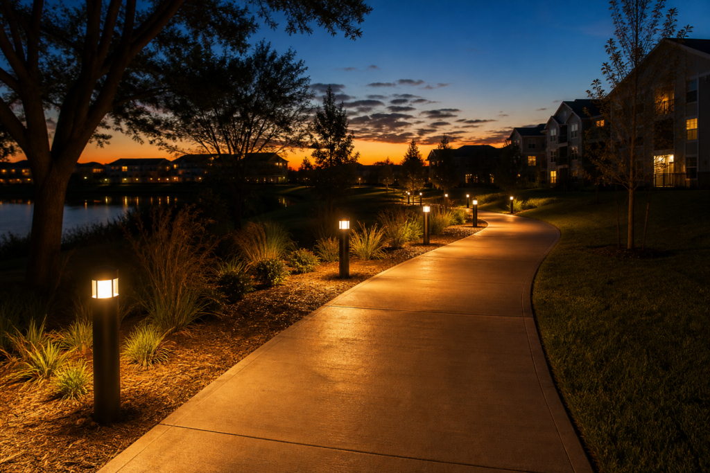 An illuminated pathway through park at sunset