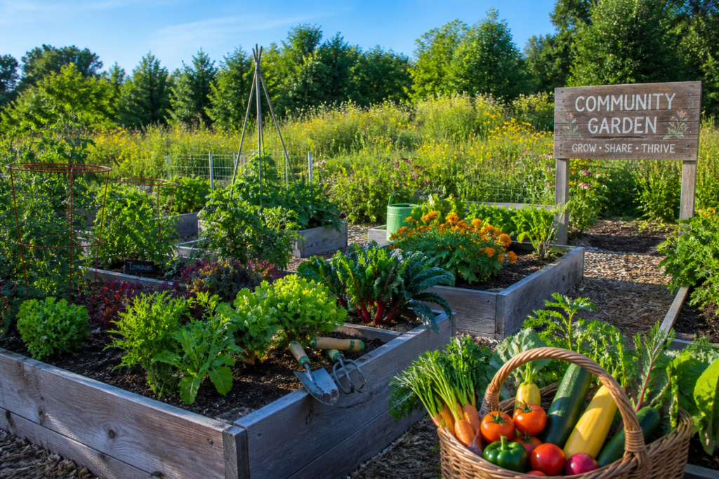  A lush community garden with raised beds and produce baskets.