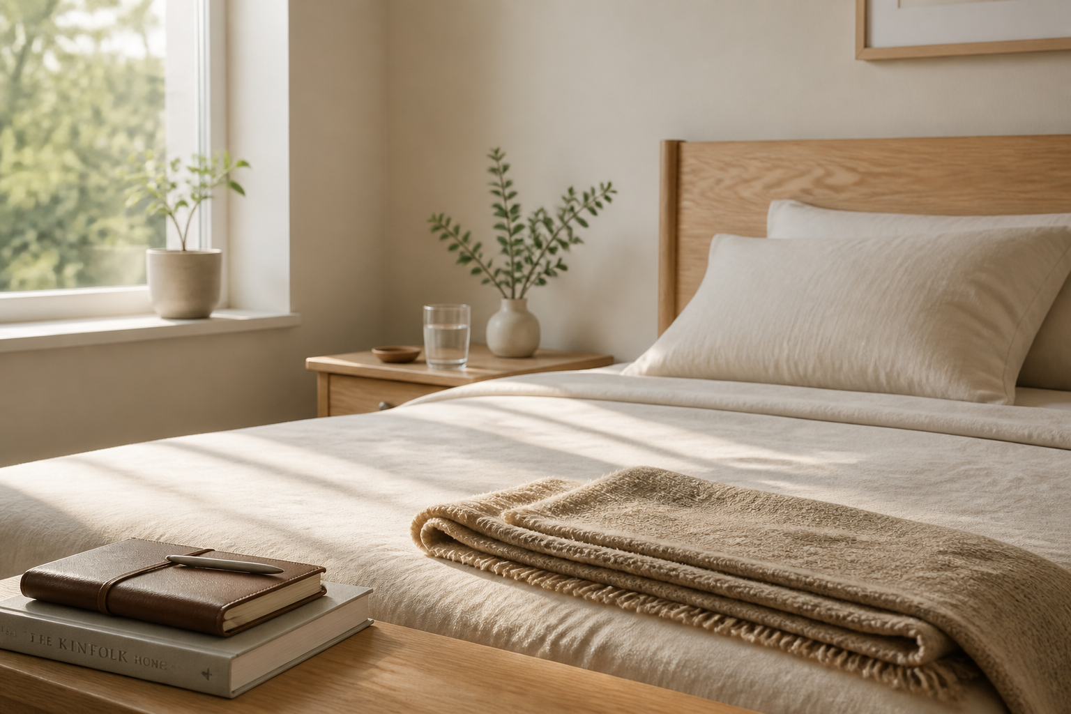 A minimalistic bedroom with natural light and neutral tones.