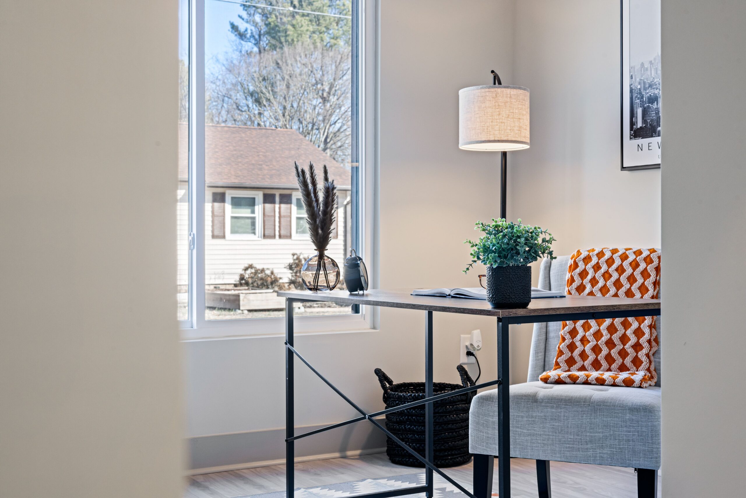 Modern home office with a minimalist desk.