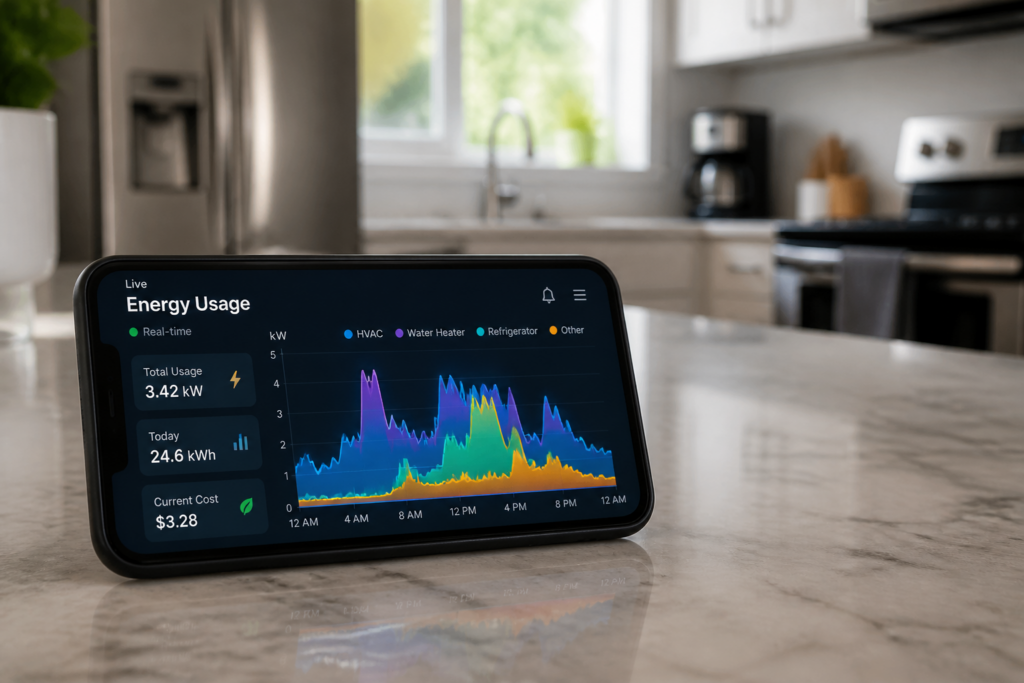 smart phone on kitchen counter showing display of home's energy usage