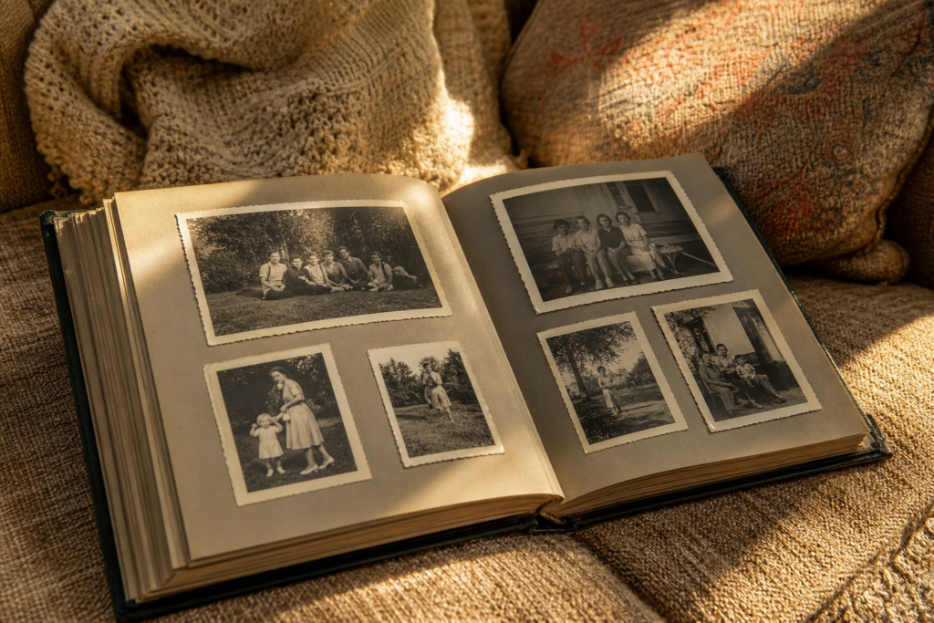  A vintage photo album with family photos on a cozy blanket.