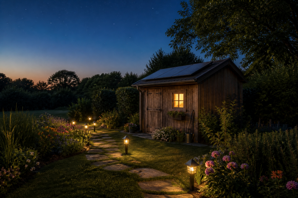 Wooden shed in garden lit by pathway lights at dusk.