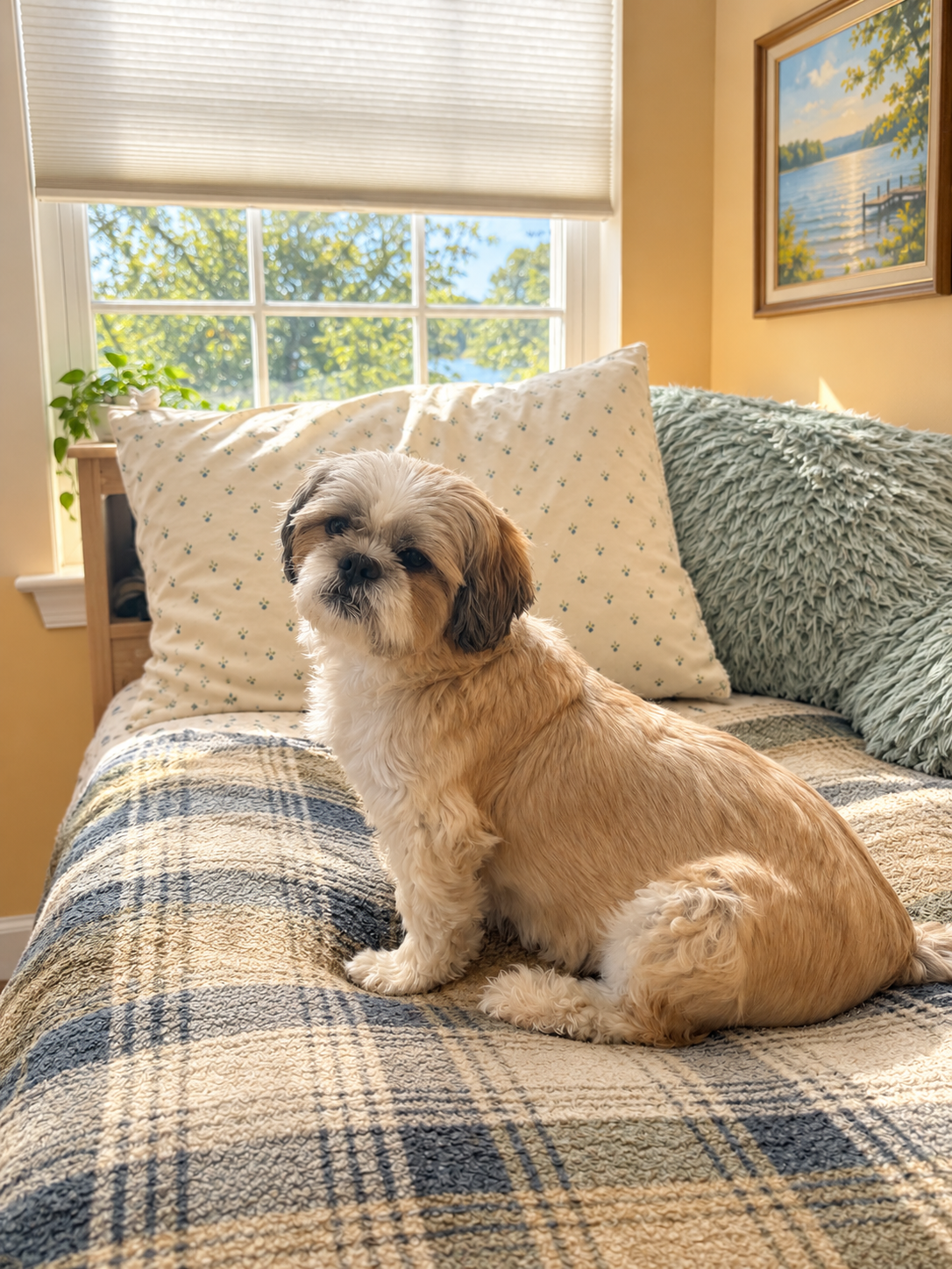 A Shih Tzu sitting on a bed in a peach-colored bedroom