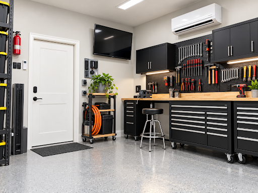 a beautifully organized garage with a mini split heat pump system