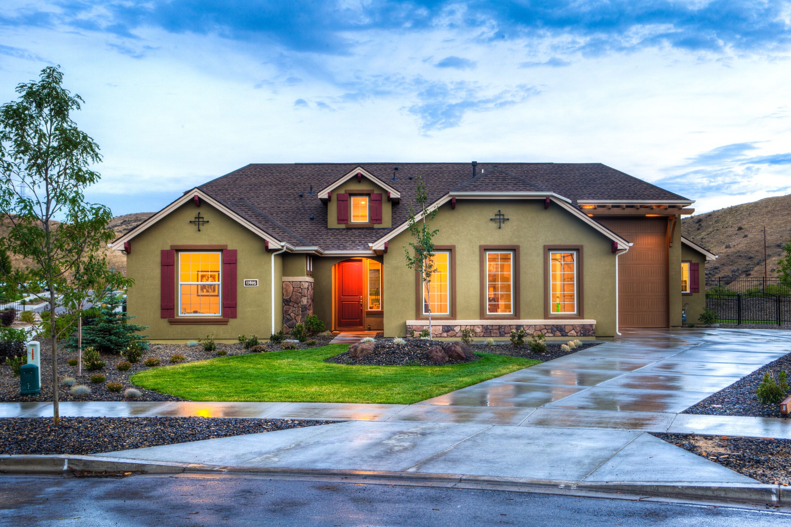 a beautiful home after a rain lit in the evening
