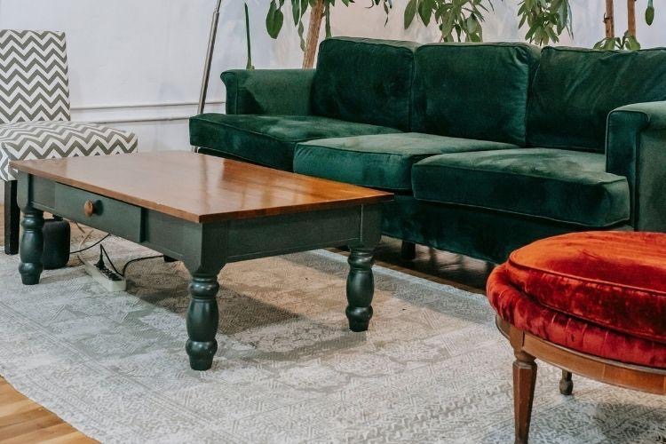 living room with a green sofa