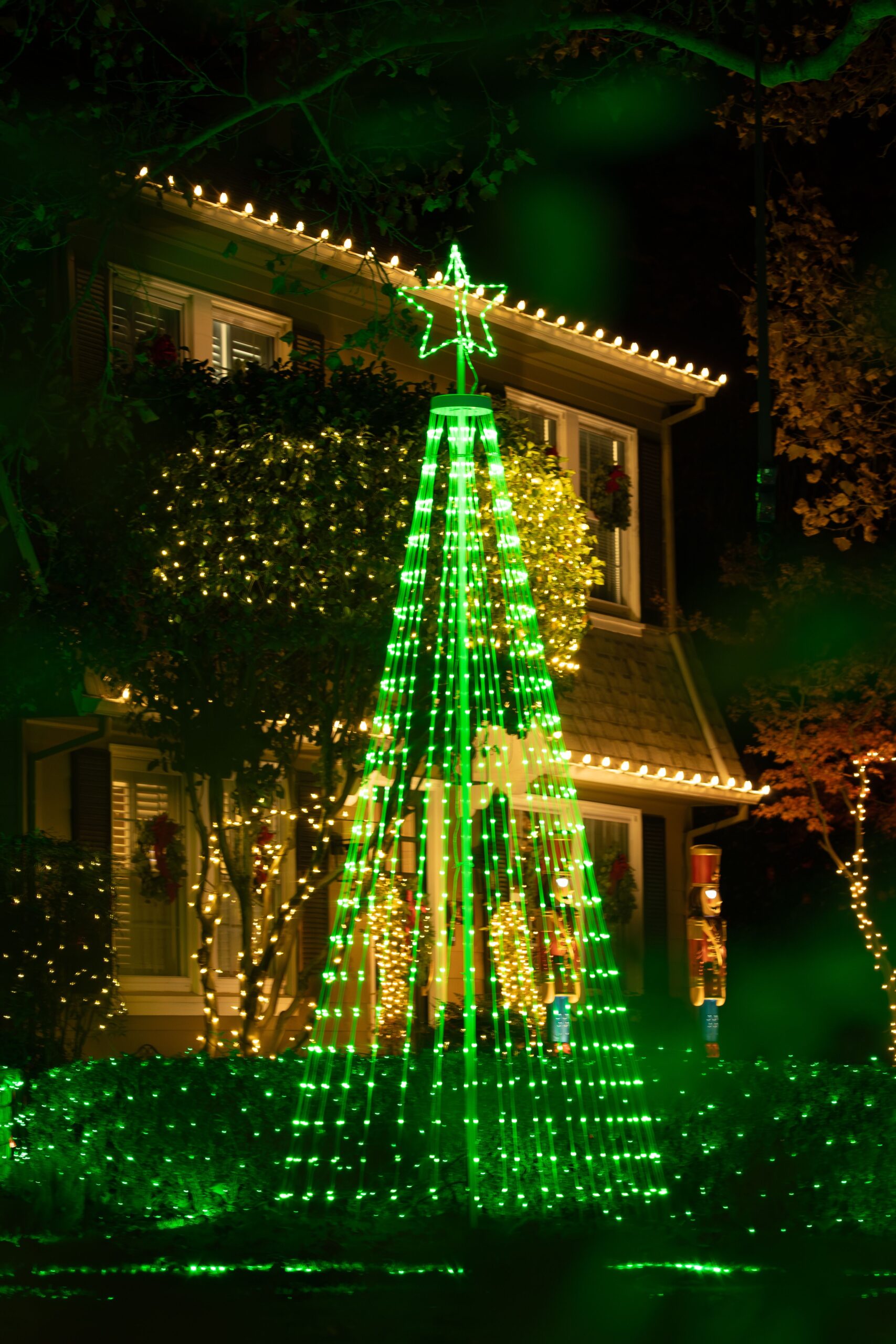 home decorated in Christmas lights