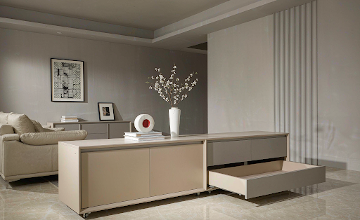 a living room with a rolling console